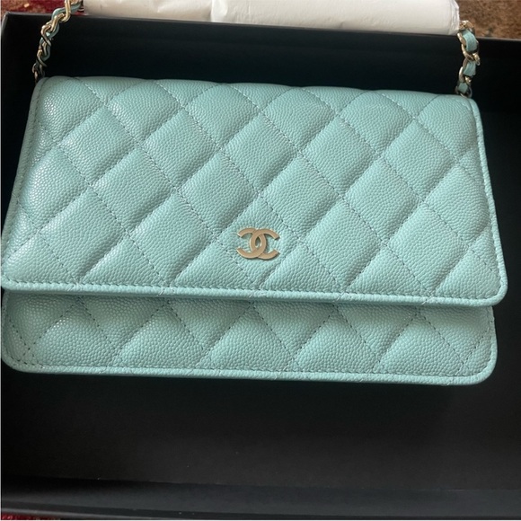 NIB New Chanel Tiffany light blue Caviar Quilted Leather wallet on a chain gold - Picture 1 of 4